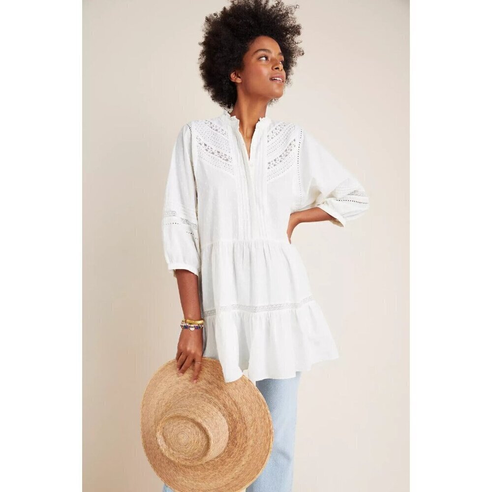 Anthropologie Tiered Babydoll Crochet Lace Tunic Romantic White size Small